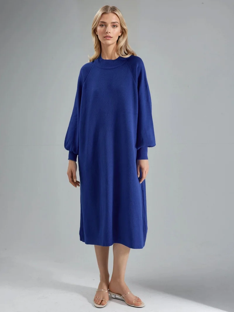 MY FASHION Cobalt Blue MY FASHION Long Loose Fit Ribbed Knit Dress with Crew Neck for Women | Best Price UAE